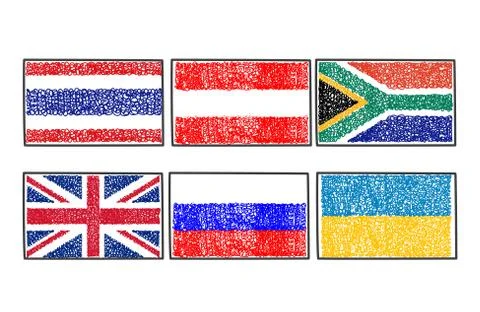 Set flags of the world icon in cartoon scribble style Illustrazione stock