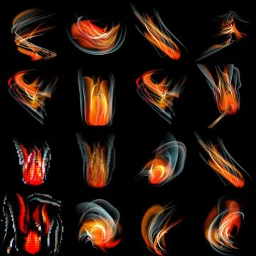 Set of Flames different shapes on a black background. EPS10. Mesh. Vector 스톡 일러스트