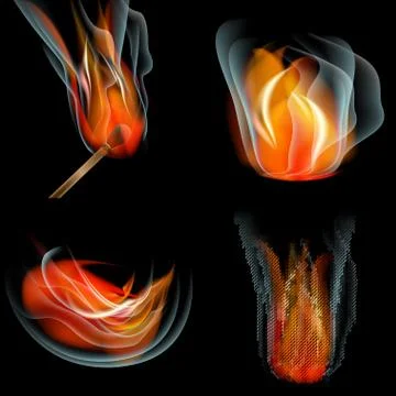 Set of Flames different shapes on a black background. EPS10. Mesh. Vector Stock Illustration