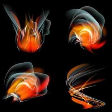 Set of Flames different shapes on a black background. EPS10. Mesh. Vector Stock Illustration