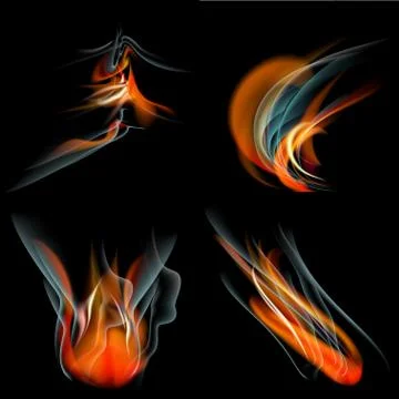 Set of Flames different shapes on a black background. EPS10. Mesh. Vector Stock Illustration