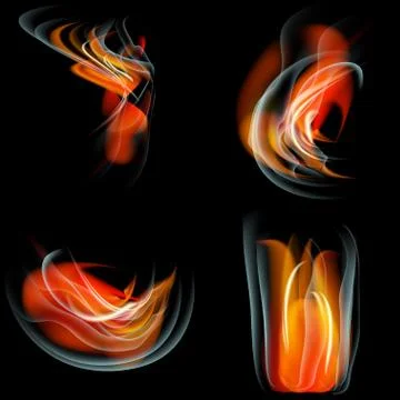 Set of Flames different shapes on a black background. EPS10. Mesh. Vector Stock Illustration