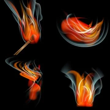 Set of Flames different shapes on a black background. EPS10. Mesh. Vector Stock Illustration