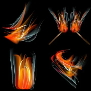 Set of Flames different shapes on a black background. EPS10. Mesh. Vector Stock Illustration