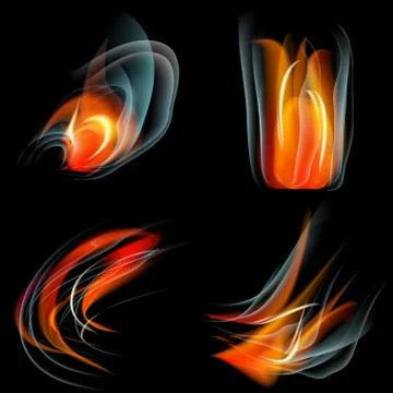 Set of Flames different shapes on a black background. EPS10. Mesh. Vector Stock Illustration