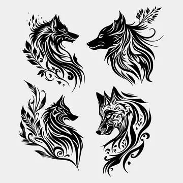 Set Flaming wolf on White Background. Tribal Stencil Tattoo Design Concept Stock Illustration