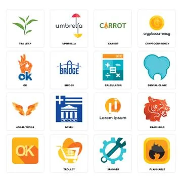 Set of flammable, spanner, , angel wings, calculator, ok, carrot, tea leaf ic Free Stock Illustration