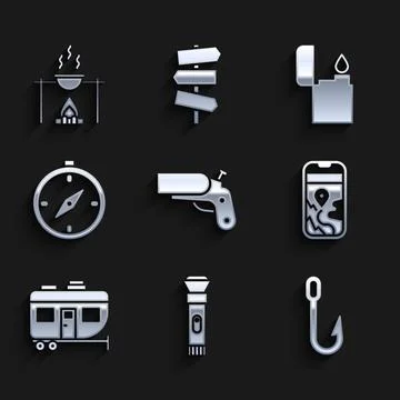 Set Flare gun pistol, Flashlight, Fishing hook, City map navigation, Rv Cam.. Stock Illustration