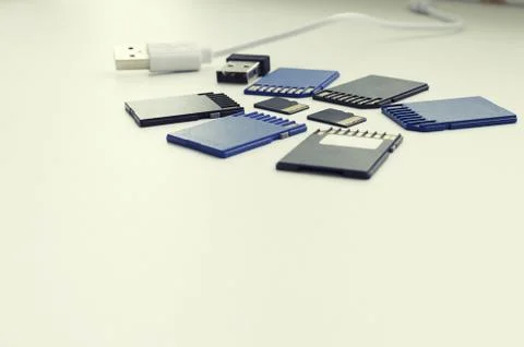 A set of flash drives is on the table 스톡 사진