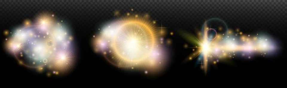 Set of flash light effect with glare and glow on a transparent background. Ma Illustrazione stock