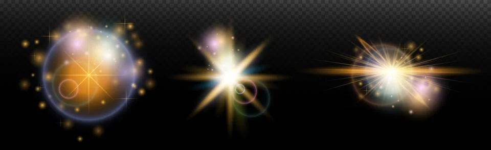 Set of flash light effect with glare and glow on a transparent background. Ma Stock Illustration