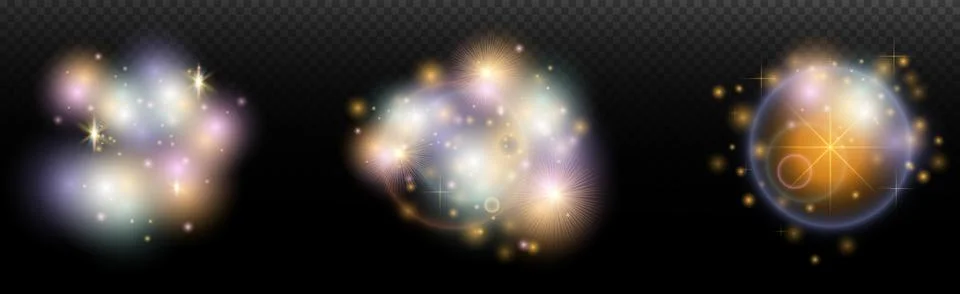 Set of flash light effect with glare and glow on a transparent background. Ma Illustrazione stock