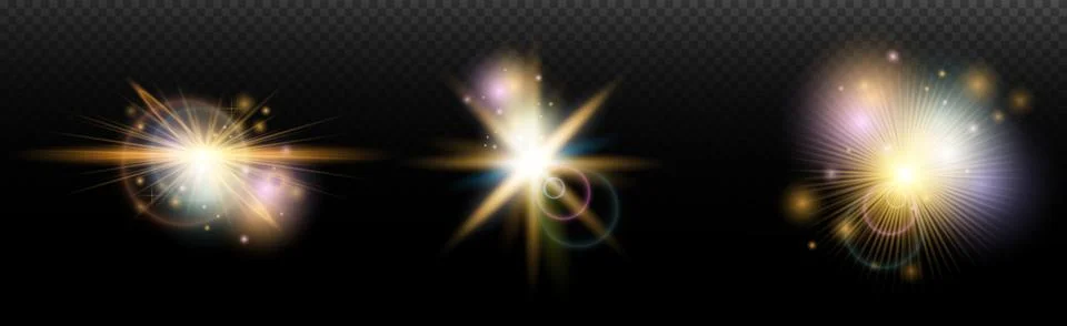 Set of flash light effect with glare and glow on a transparent background. Ma Illustrazione stock