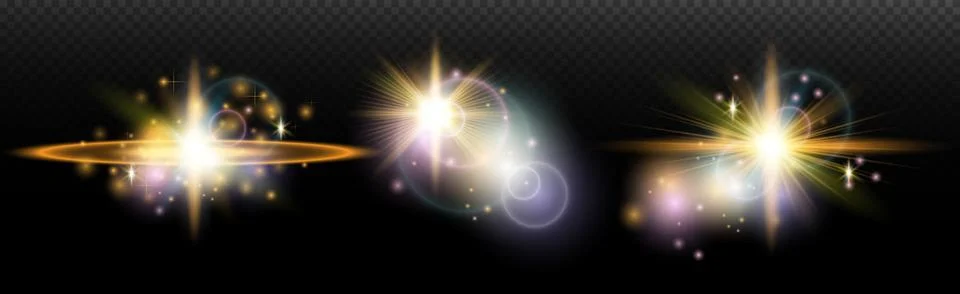 Set of flash light effect with glare and glow on a transparent background. Ma Stock Illustration