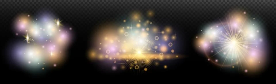 Set of flash light effect with glare and glow on a transparent background. Ma Stock Illustration