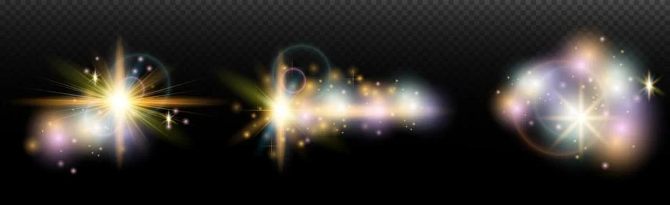 Set of flash light effect with glare and glow on a transparent background. Ma Stock Illustration