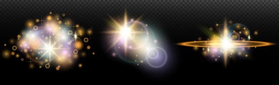 Set of flash light effect with glare and glow on a transparent background. Ma Stock Illustration