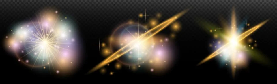 Set of flash light effect with glare and glow on a transparent background. Ma Stock Illustration