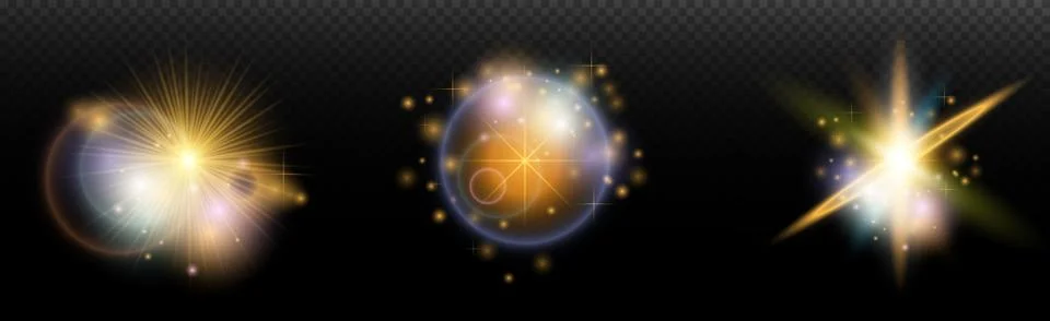 Set of flash light effect with glare and glow on a transparent background. Ma Stock Illustration