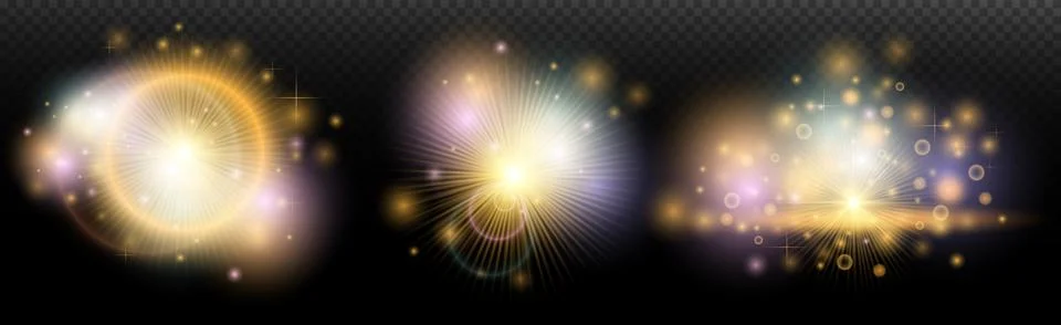 Set of flash light effect with glare and glow on a transparent background. Ma Stock Illustration