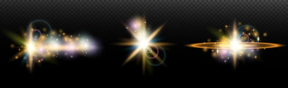 Set of flash light effect with glare and glow on a transparent background. Ma Stock Illustration