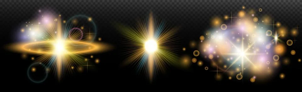 Set of flash light effect with glare and glow on a transparent background. Ma Illustrazione stock