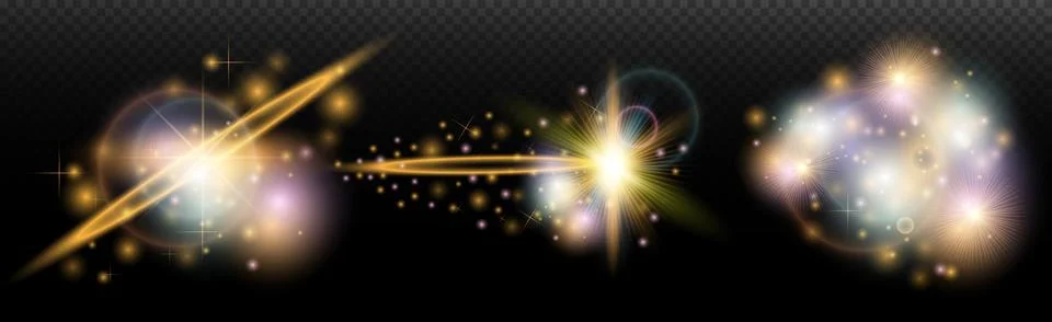 Set of flash light effect with glare and glow on a transparent background. Ma Stock Illustration
