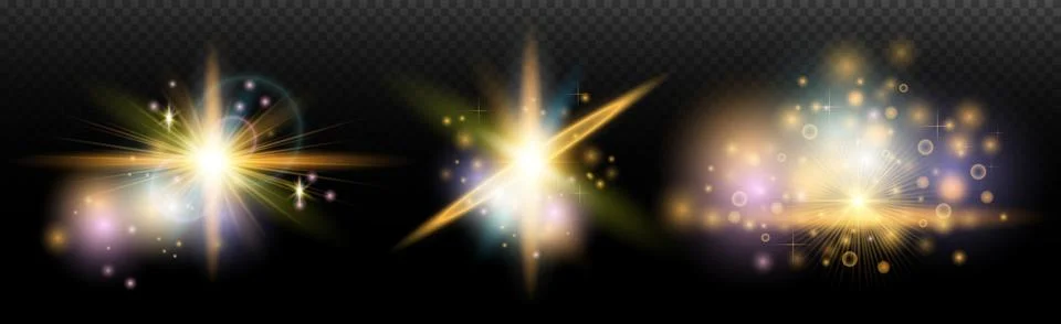 Set of flash light effect with glare and glow on a transparent background. Ma Illustrazione stock