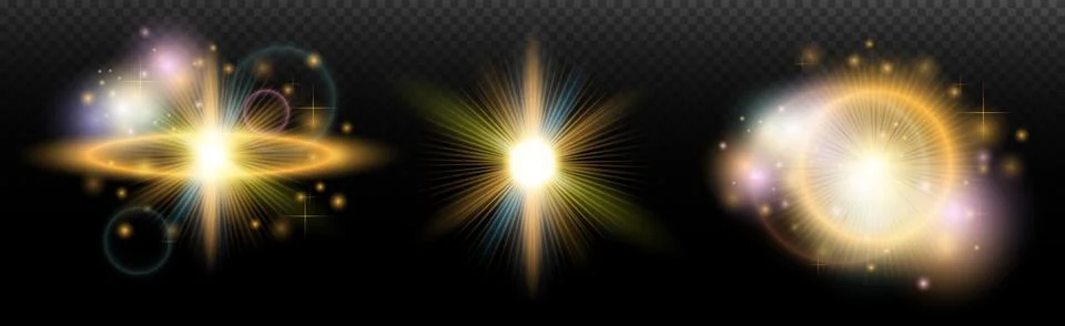 Set of flash light effect with glare and glow on a transparent background. Ma Stock Illustration