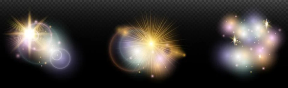 Set of flash light effect with glare and glow on a transparent background. Ma 스톡 일러스트