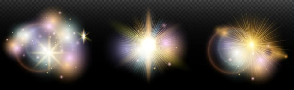 Set of flash light effect with glare and glow on a transparent background. Ma Stock Illustration