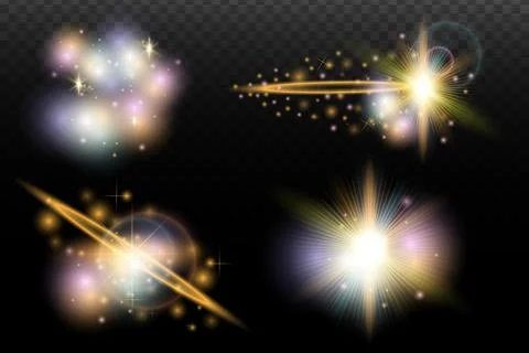 Set of flash light effect with glare and glow on a transparent background. Ma Stock Illustration