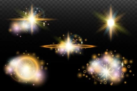 Set of flash light effect with glare and glow on a transparent background. Ma 스톡 일러스트