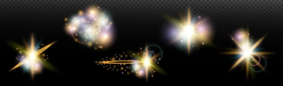 Set of flash light effect with glare and glow on a transparent background. Ma Stock Illustration