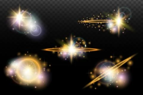 Set of flash light effect with glare and glow on a transparent background. Ma 스톡 일러스트