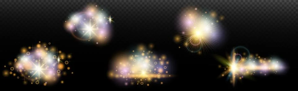 Set of flash light effect with glare and glow on a transparent background. Ma Stock Illustration