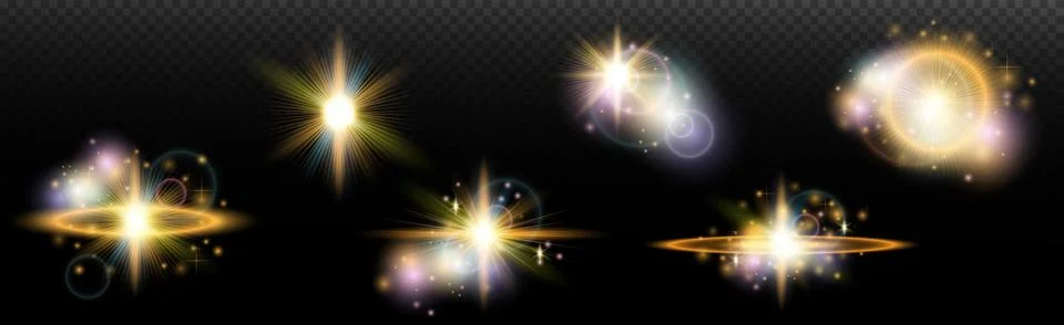 Set of flash light effect with glare and glow on a transparent background. Ma Stock Illustration