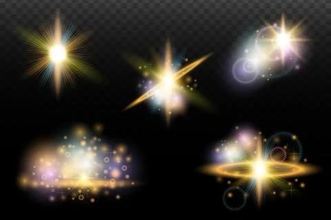 Set of flash light effect with glare and glow on a transparent background. Ma Stock Illustration