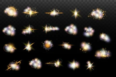 Set of flash light effect with glare and glow on a transparent background. Ma Illustrazione stock