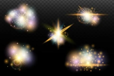 Set of flash light effect with glare and glow on a transparent background. Ma Illustrazione stock