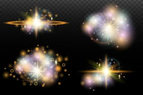 Set of flash light effect with glare and glow on a transparent background. Ma Stock Illustration