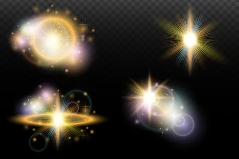 Set of flash light effect with glare and glow on a transparent background. Ma Stock Illustration