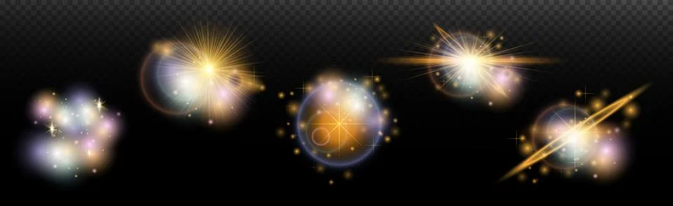 Set of flash light effect with glare and glow on a transparent background. Ma Illustrazione stock