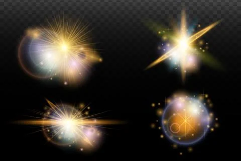 Set of flash light effect with glare and glow on a transparent background. Ma Stock Illustration