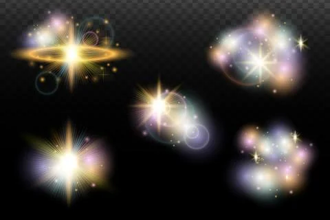 Set of flash light effect with glare and glow on a transparent background. Ma Stock Illustration