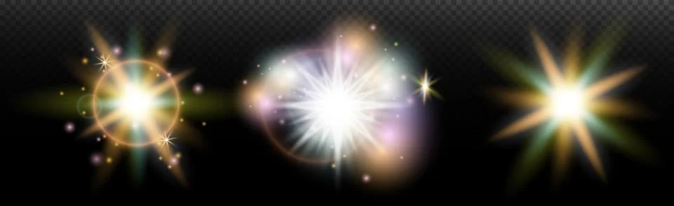 Set of flash light effect with glare and glow on a transparent background. Ma Illustrazione stock