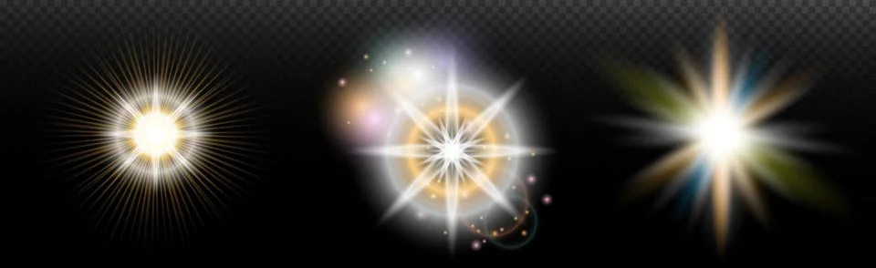 Set of flash light effect with glare and glow on a transparent background. Ma Stock Illustration