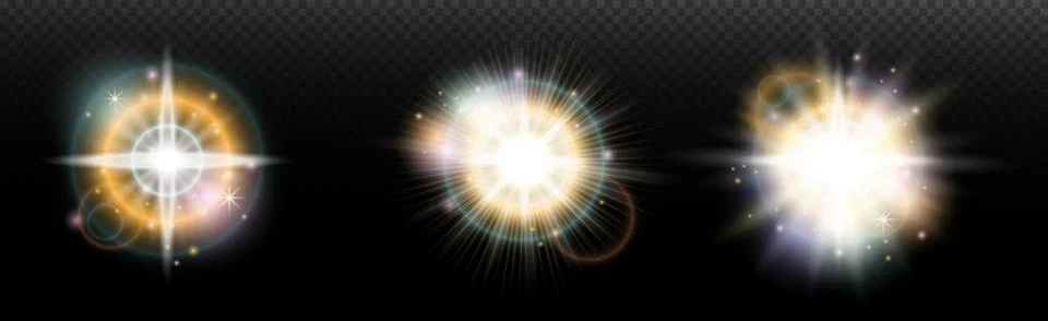 Set of flash light effect with glare and glow on a transparent background. Ma Illustrazione stock