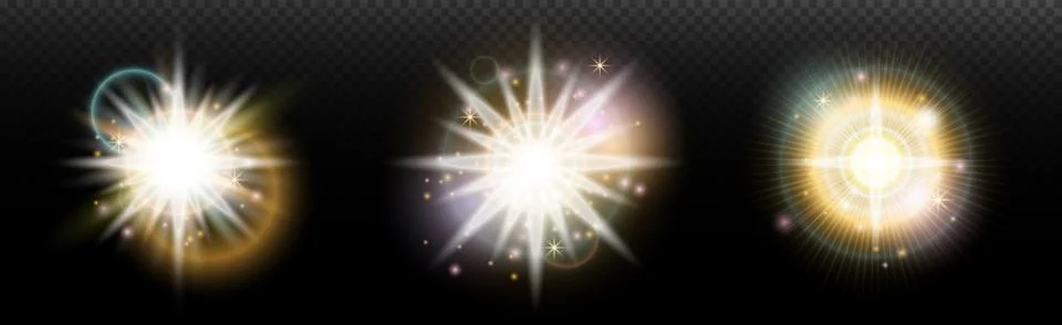 Set of flash light effect with glare and glow on a transparent background. Ma Illustrazione stock