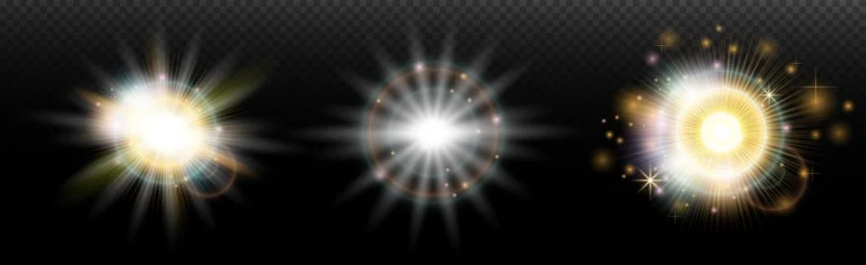 Set of flash light effect with glare and glow on a transparent background. Ma Stock Illustration